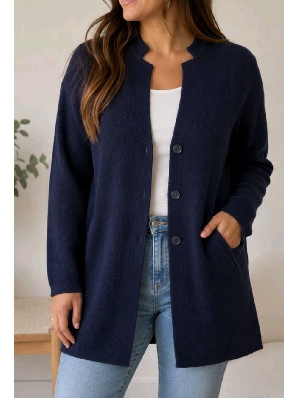 EILEEN FISHER BLUE SILK Cotton Knit V Neck Petite Sweater Size PM